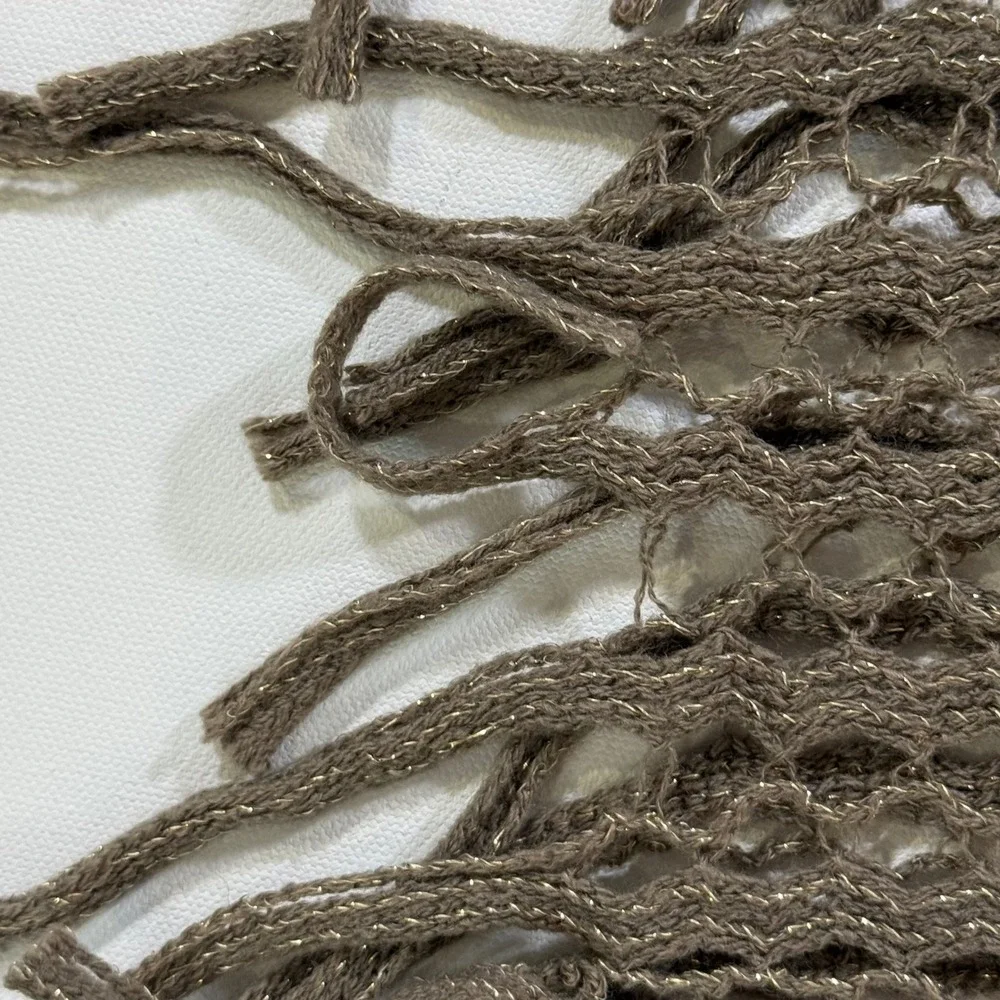 Metallic Knit Infinity Crochet Style Scarf Women Taupe Brown Boho Shimmer Fringe